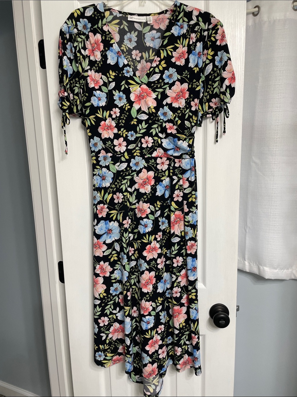 Floral V-Neck Faux Wrap Dress in Black with Pink & Blue Blooms
